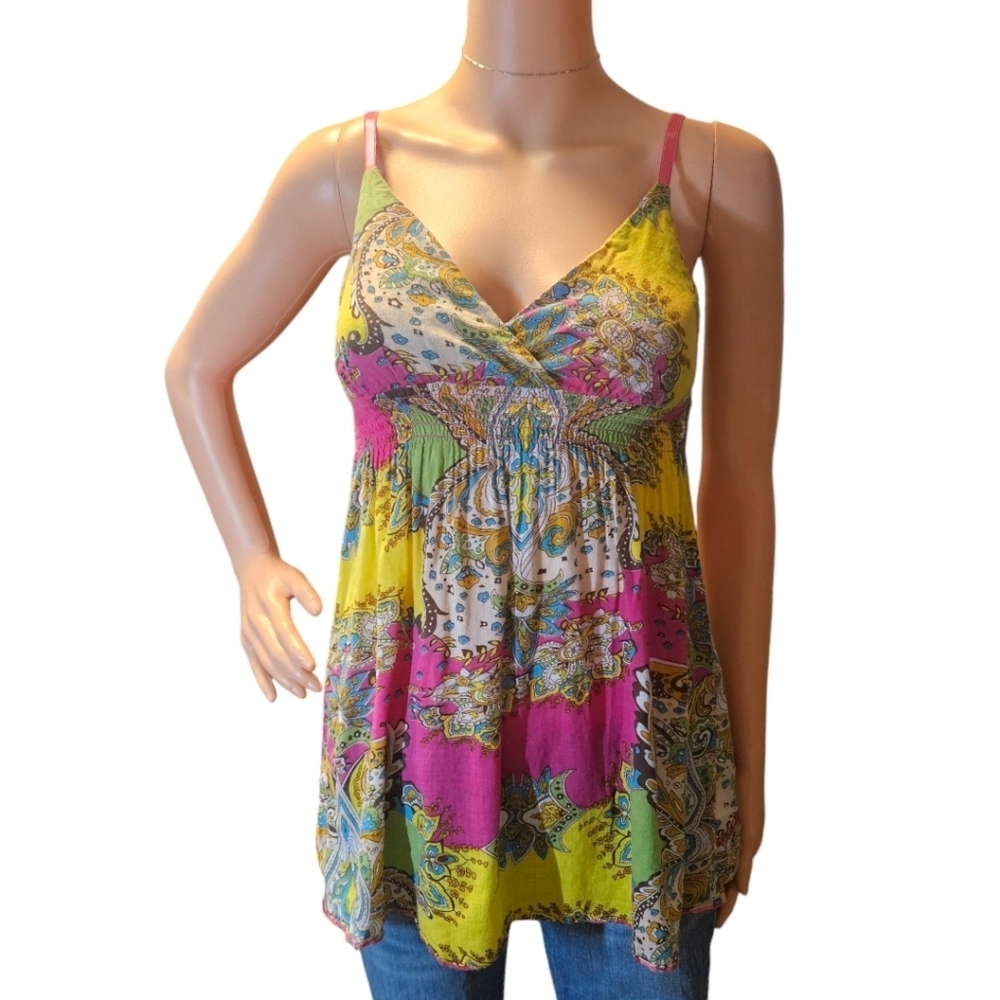 WM Y2K Paisley Print Babydoll Smocked Waist Tank Top Sz M Fairy Boho Peasant